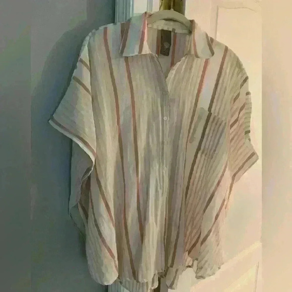 Vince Camuto Stripe Short Sleeve Womens One Size Button Down Collar Shirt Top - Picture 2 of 11